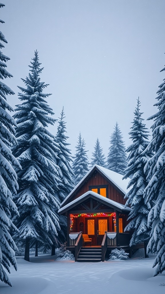 A winter cabin decorated with Christmas lights in a snowy landscape, with falling snowflakes.